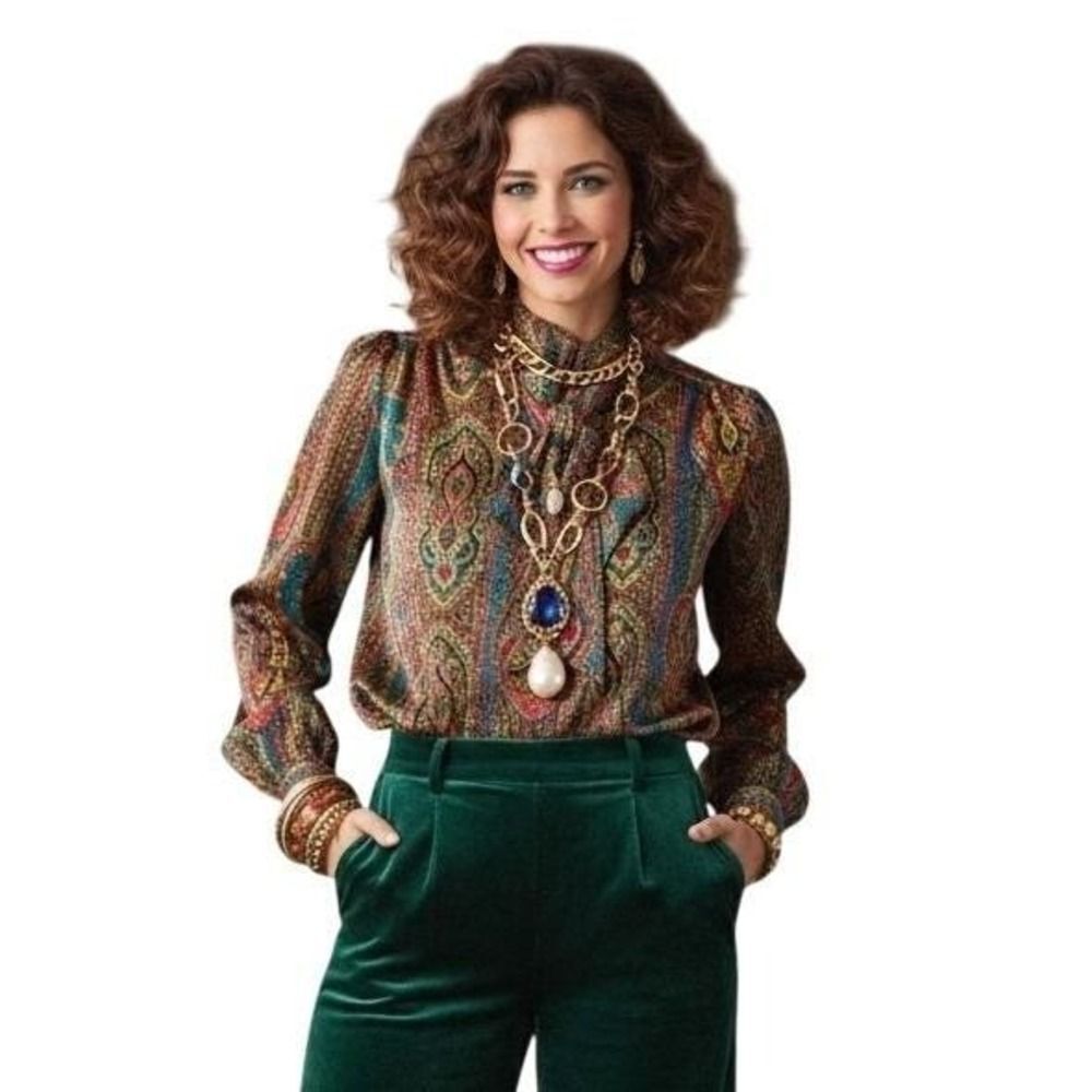 Vintage 1980s Gianna Womens Retro Maximalist Paisley Artsy Boho Top Size 8-10